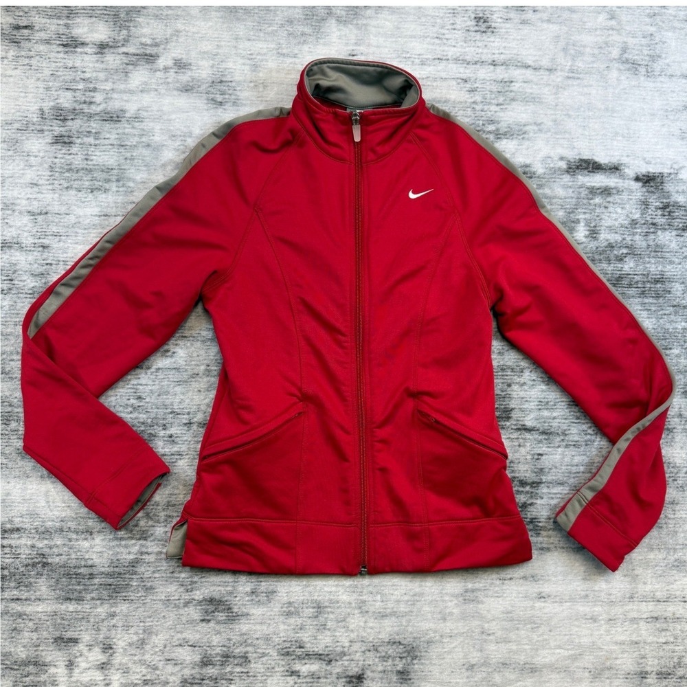 Nike Fit Dry Womens XS Red Full Zip Track Jacket Grey Stripe Mock Neck Raglan